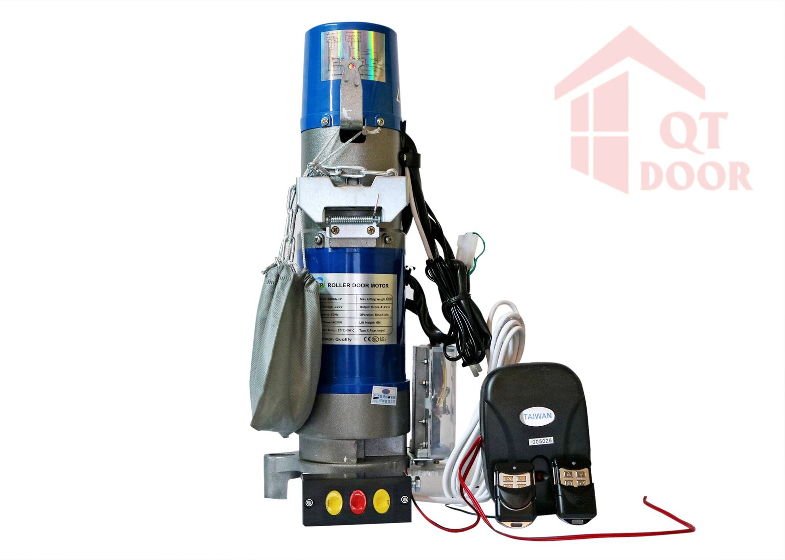 Bộ motor cửa cuốn KP thân màu xanh, kèm hộp nhận tín hiệu, nút bấm 3 nút và 2 tay remote